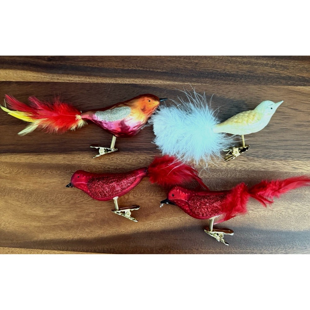 Vintage Glass Clip On Bird Ornaments 4 Cardinal Feather Tail Glitter German F/W - Picture 2 of 11